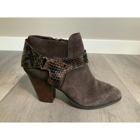 Donald J Pliner Brown Suede Selita 23 Ankle Bootie W/ Snakeskin Straps, Size 9 - Picture 1 of 8